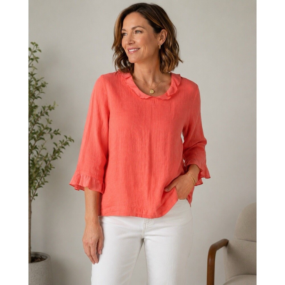 Donna 100% Linen Blouse Womens Small Coral Ruffle Neck 3/4 Sleeve Made USA